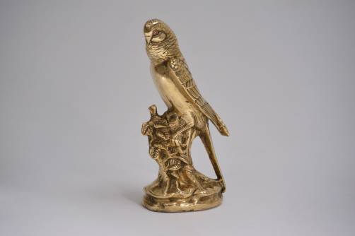 Antique Victorian brass budgie bird parrot sculpture, 1890`s ca, English 